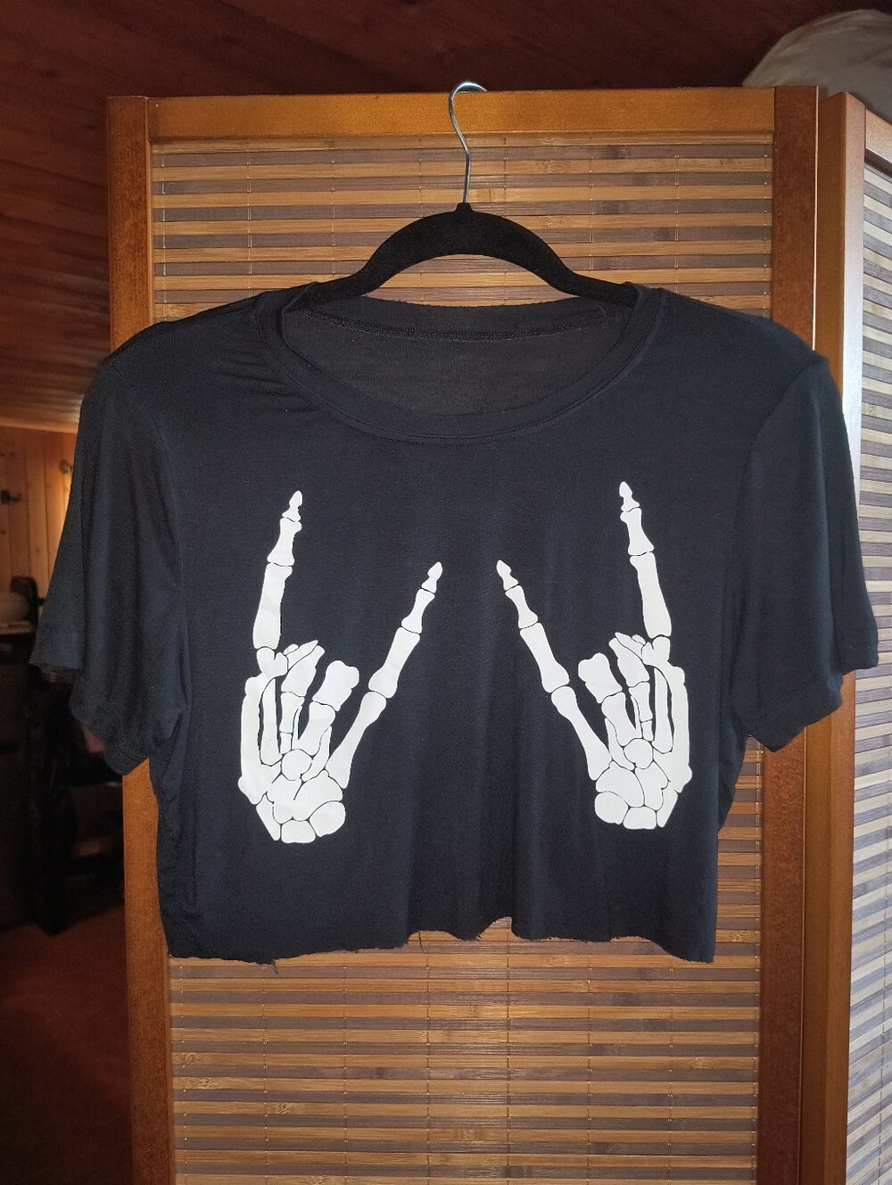 Women's Skeleton Rocker Devil Horns Hand Graphic Black Crop Top